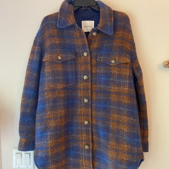 WILFRED FREE THE GANNA BROWN BLUE PLAID WOOL BUTTON SHACKET S - Picture 2 of 3